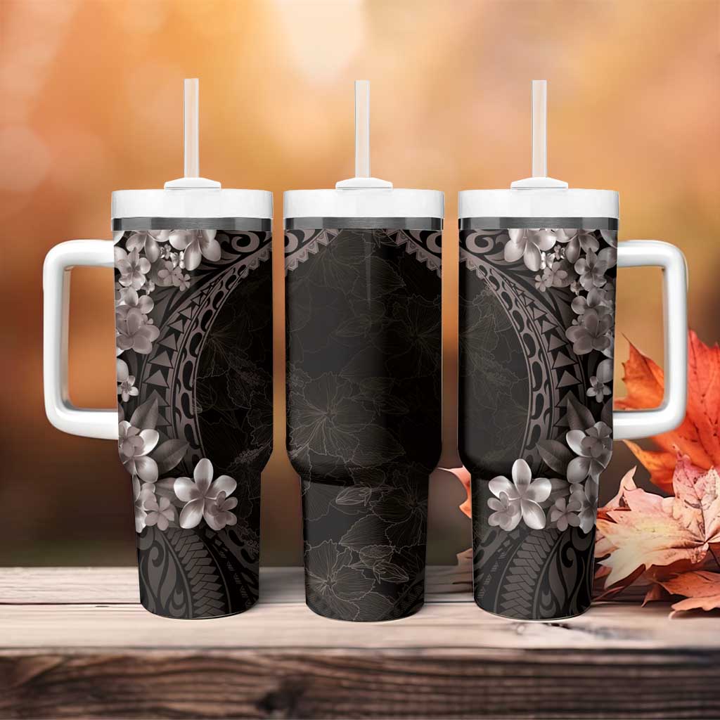 Hawaiian Plumeria-Polynesian Art Tattoo Grayscale Color Tumbler With Handle