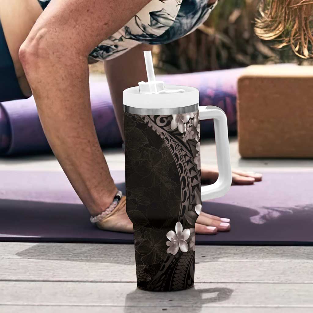Hawaiian Plumeria-Polynesian Art Tattoo Grayscale Color Tumbler With Handle