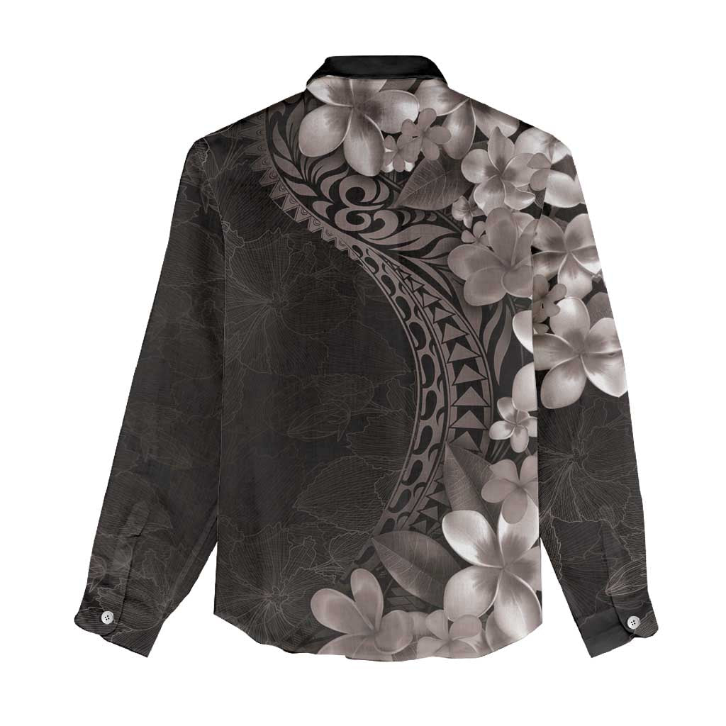 Hawaiian Plumeria-Polynesian Art Tattoo Grayscale Color Women Casual Shirt
