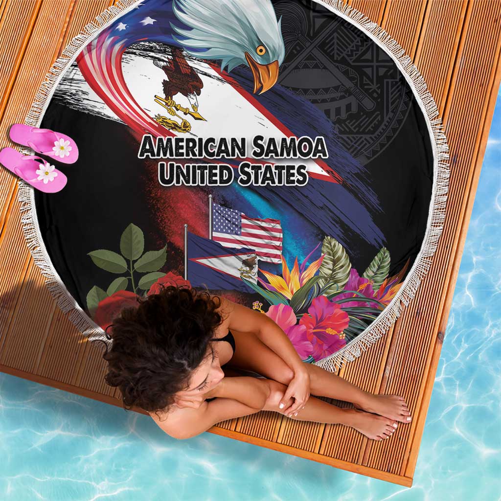 American Samoa and United States Together Beach Blanket National Flag with Eagle-Hibiscus and Rose