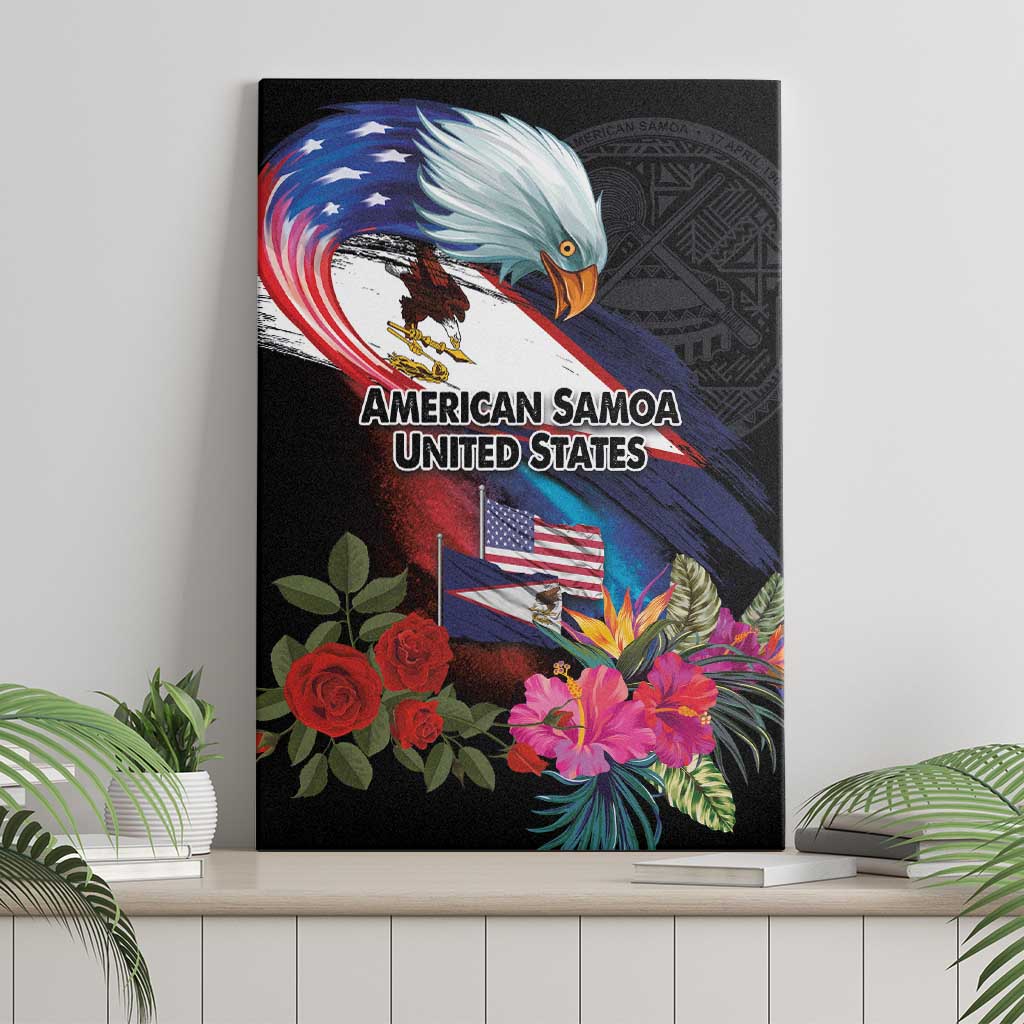 American Samoa and United States Together Canvas Wall Art National Flag with Eagle-Hibiscus and Rose
