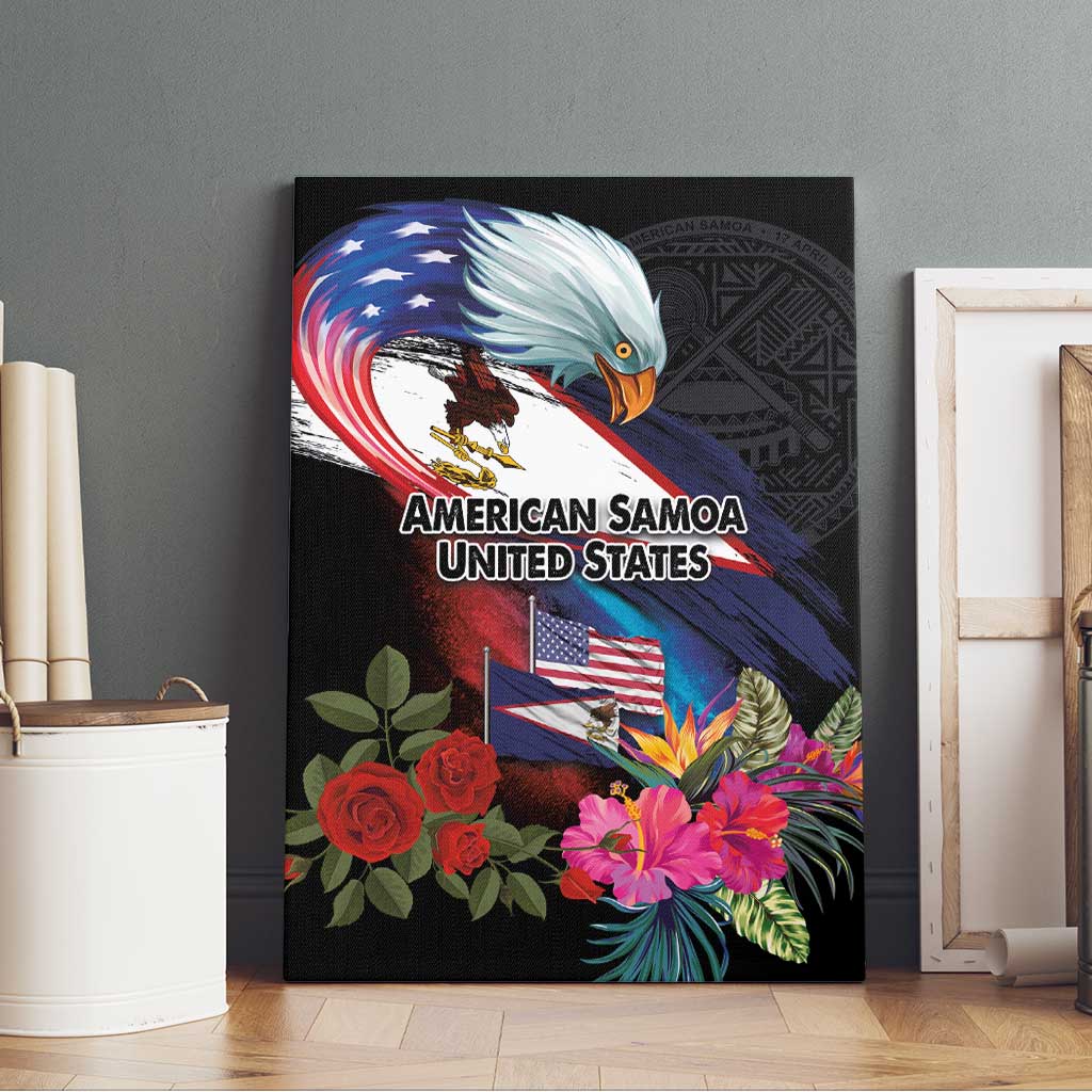 American Samoa and United States Together Canvas Wall Art National Flag with Eagle-Hibiscus and Rose