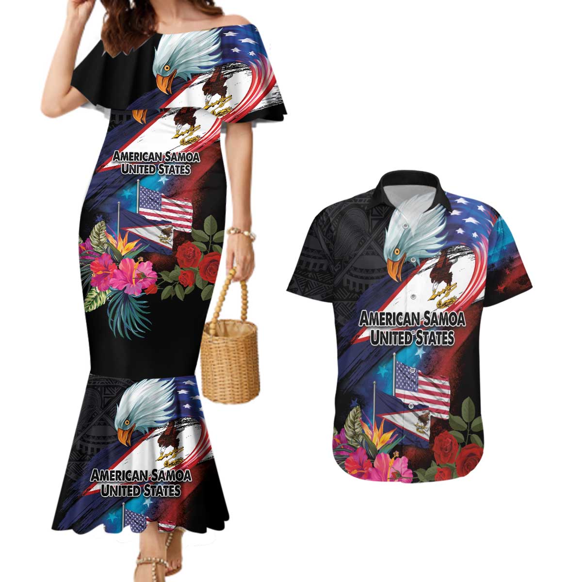 American Samoa and United States Together Couples Matching Mermaid Dress and Hawaiian Shirt National Flag with Eagle-Hibiscus and Rose