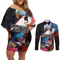 American Samoa and United States Together Couples Matching Off Shoulder Short Dress and Long Sleeve Button Shirt National Flag with Eagle-Hibiscus and Rose