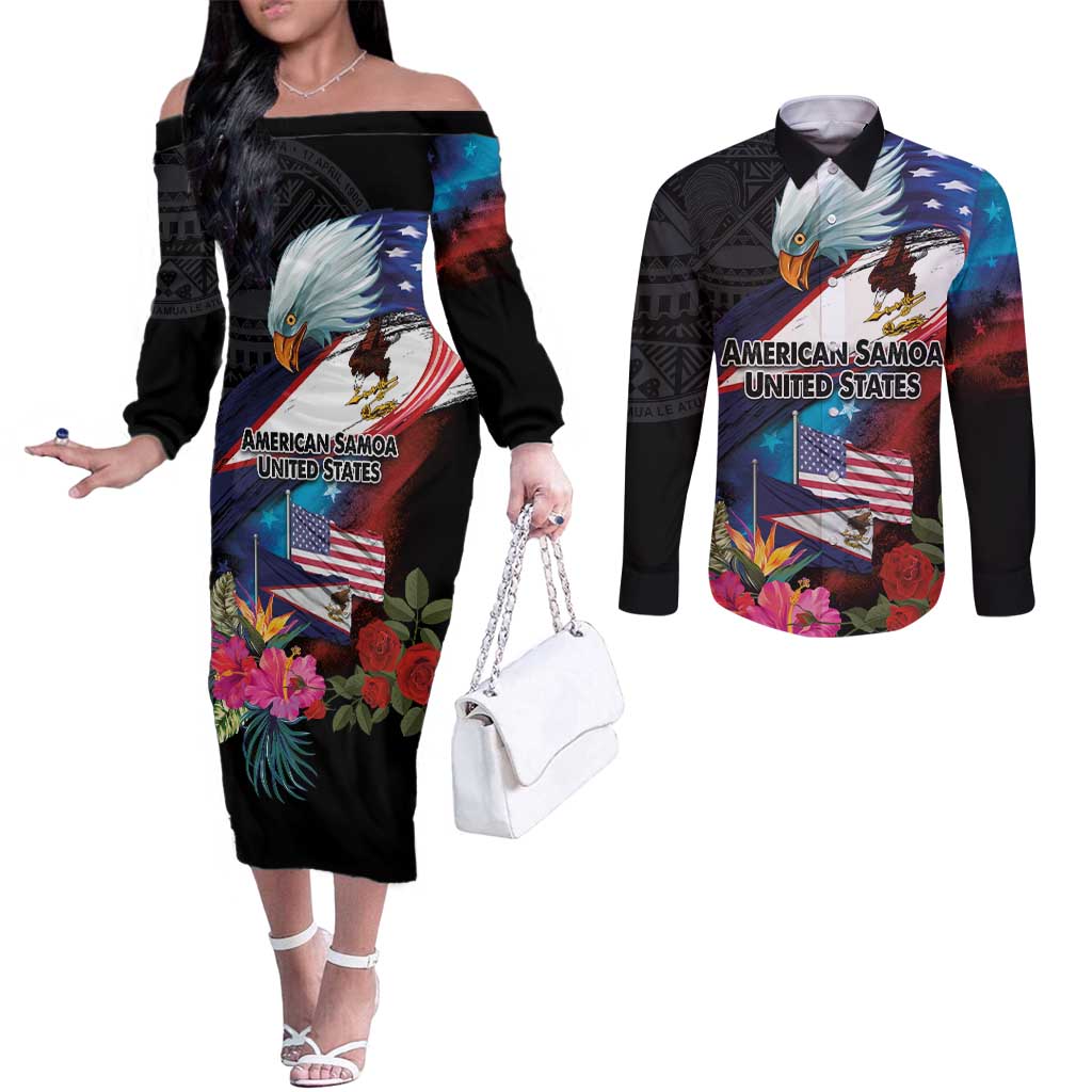 American Samoa and United States Together Couples Matching Off The Shoulder Long Sleeve Dress and Long Sleeve Button Shirt National Flag with Eagle-Hibiscus and Rose