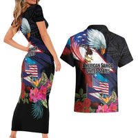 American Samoa and United States Together Couples Matching Short Sleeve Bodycon Dress and Hawaiian Shirt National Flag with Eagle-Hibiscus and Rose