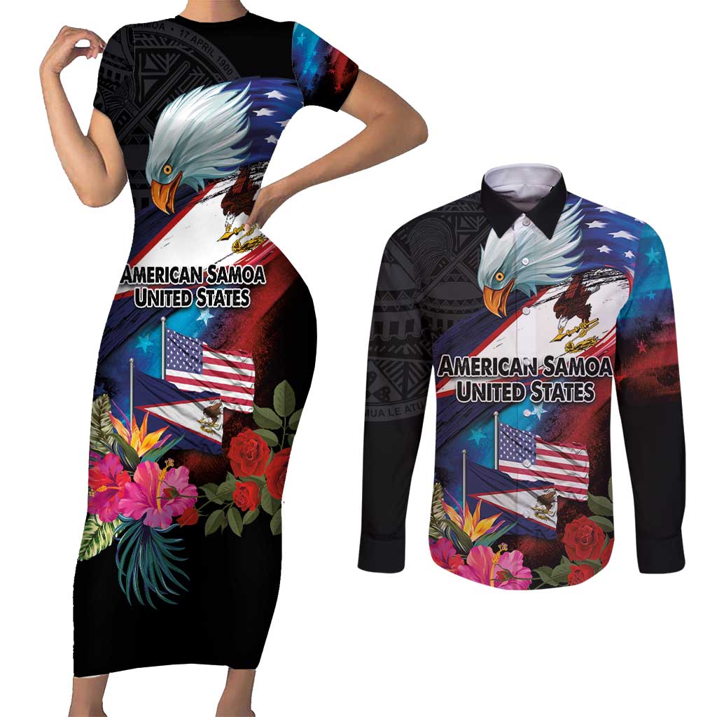 American Samoa and United States Together Couples Matching Short Sleeve Bodycon Dress and Long Sleeve Button Shirt National Flag with Eagle-Hibiscus and Rose