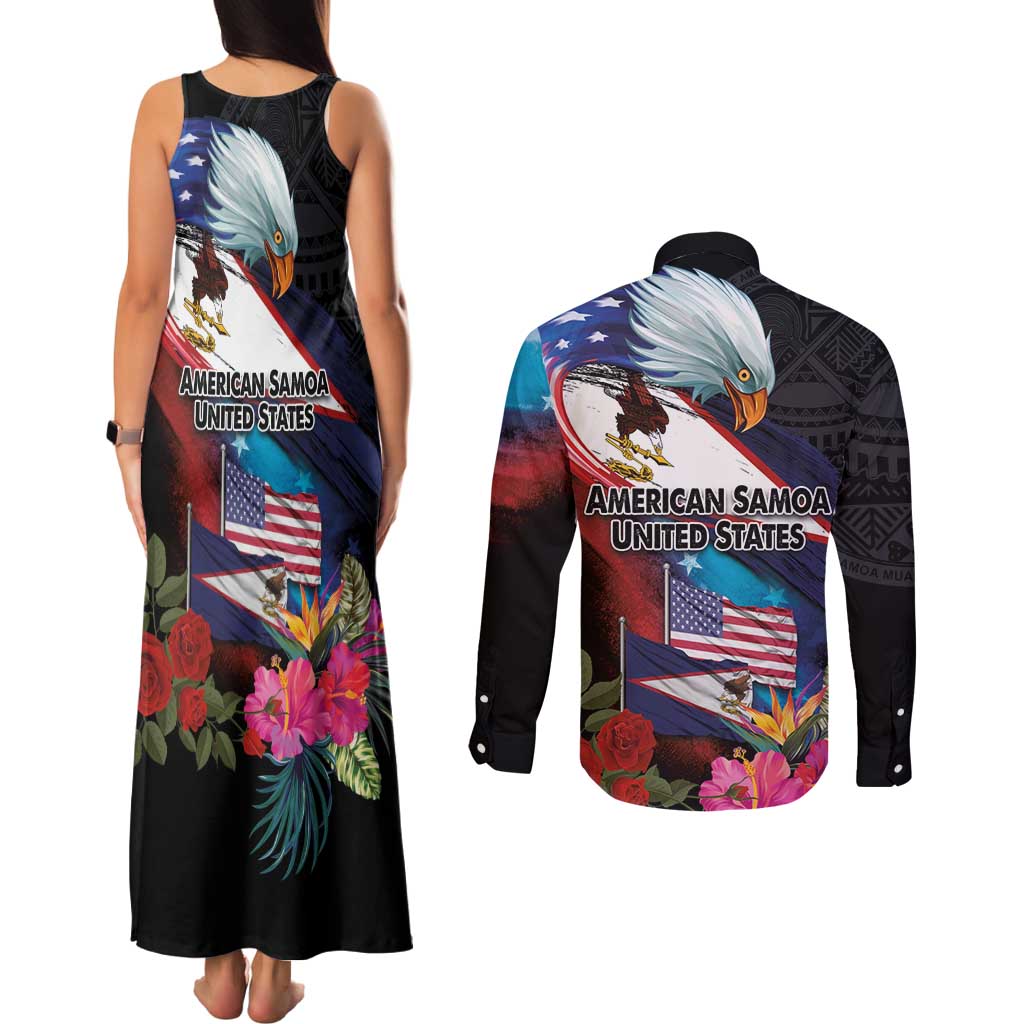 American Samoa and United States Together Couples Matching Tank Maxi Dress and Long Sleeve Button Shirt National Flag with Eagle-Hibiscus and Rose