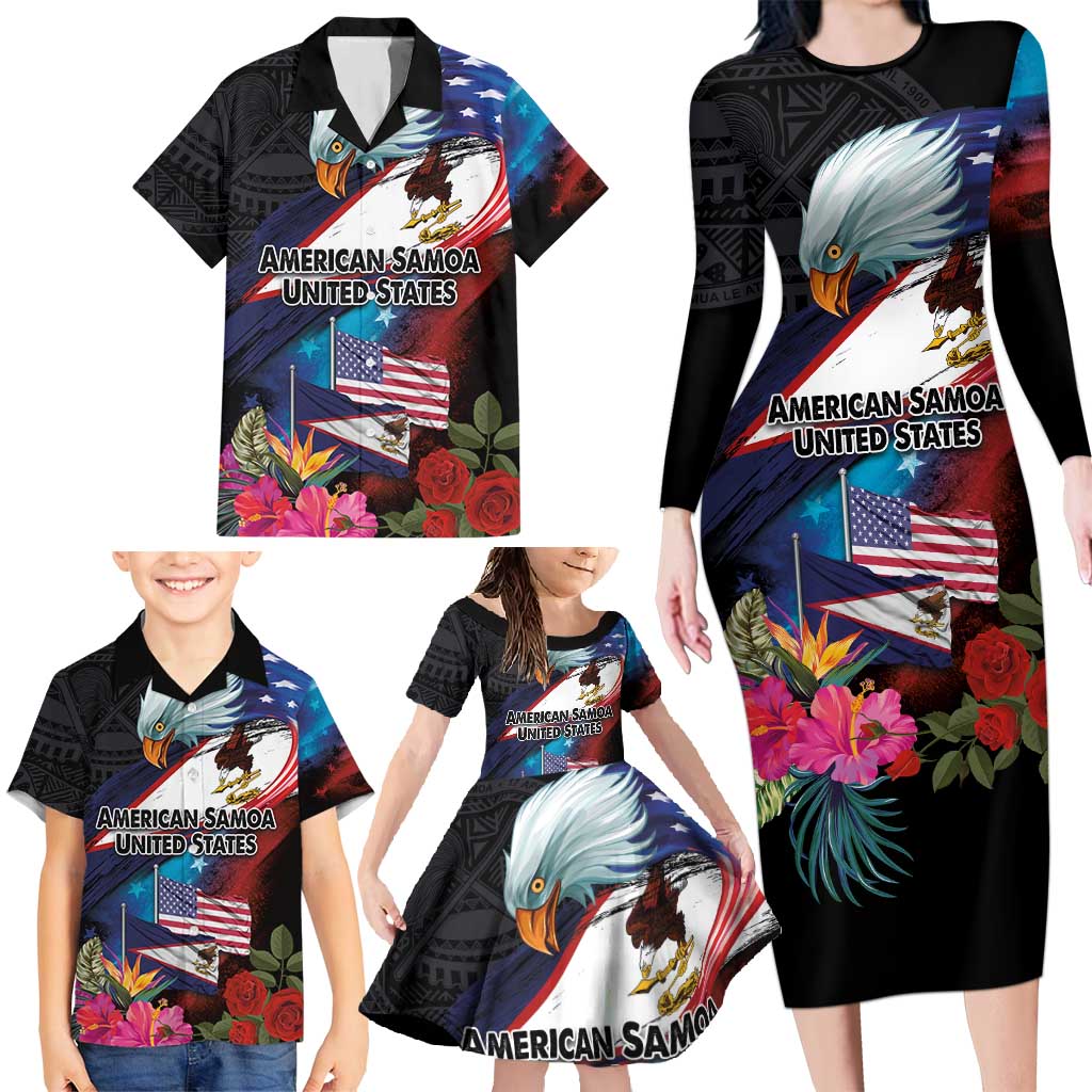 American Samoa and United States Together Family Matching Long Sleeve Bodycon Dress and Hawaiian Shirt National Flag with Eagle-Hibiscus and Rose