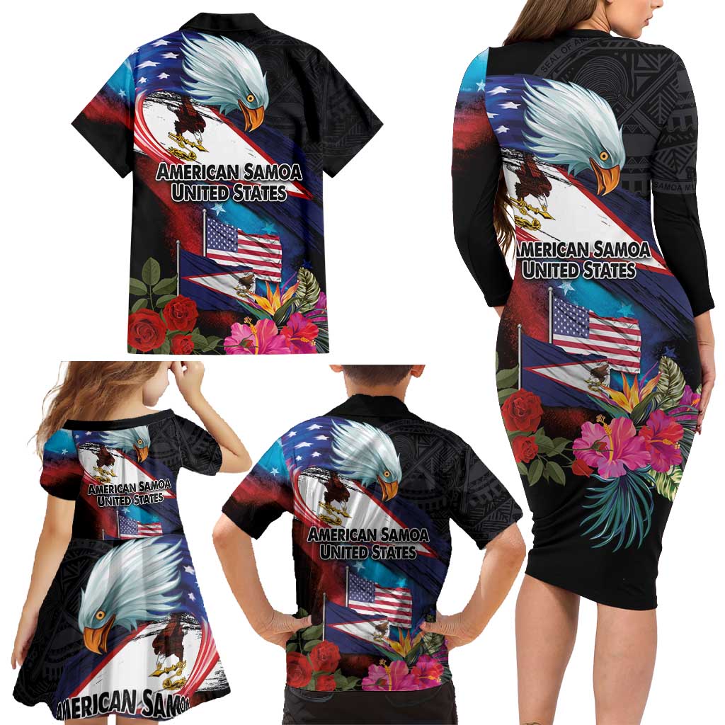 American Samoa and United States Together Family Matching Long Sleeve Bodycon Dress and Hawaiian Shirt National Flag with Eagle-Hibiscus and Rose