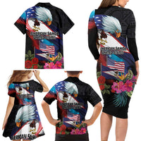 American Samoa and United States Together Family Matching Long Sleeve Bodycon Dress and Hawaiian Shirt National Flag with Eagle-Hibiscus and Rose