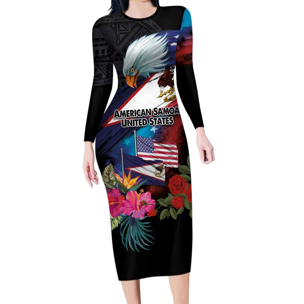 American Samoa and United States Together Family Matching Long Sleeve Bodycon Dress and Hawaiian Shirt National Flag with Eagle-Hibiscus and Rose