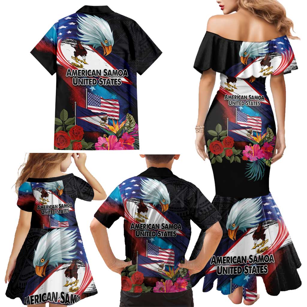 American Samoa and United States Together Family Matching Mermaid Dress and Hawaiian Shirt National Flag with Eagle-Hibiscus and Rose