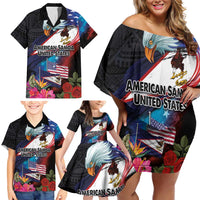 American Samoa and United States Together Family Matching Off Shoulder Short Dress and Hawaiian Shirt National Flag with Eagle-Hibiscus and Rose