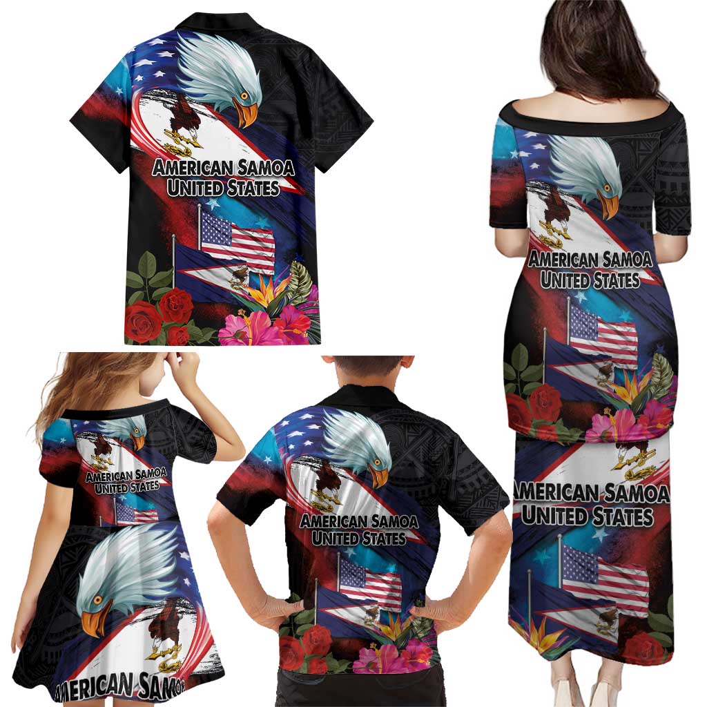 American Samoa and United States Together Family Matching Puletasi and Hawaiian Shirt National Flag with Eagle-Hibiscus and Rose