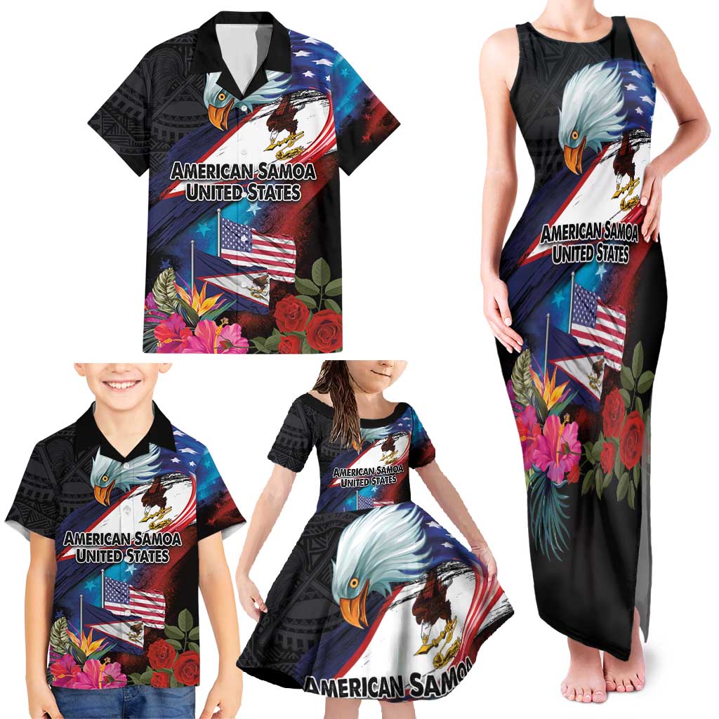 American Samoa and United States Together Family Matching Tank Maxi Dress and Hawaiian Shirt National Flag with Eagle-Hibiscus and Rose