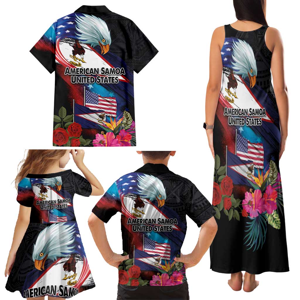 American Samoa and United States Together Family Matching Tank Maxi Dress and Hawaiian Shirt National Flag with Eagle-Hibiscus and Rose
