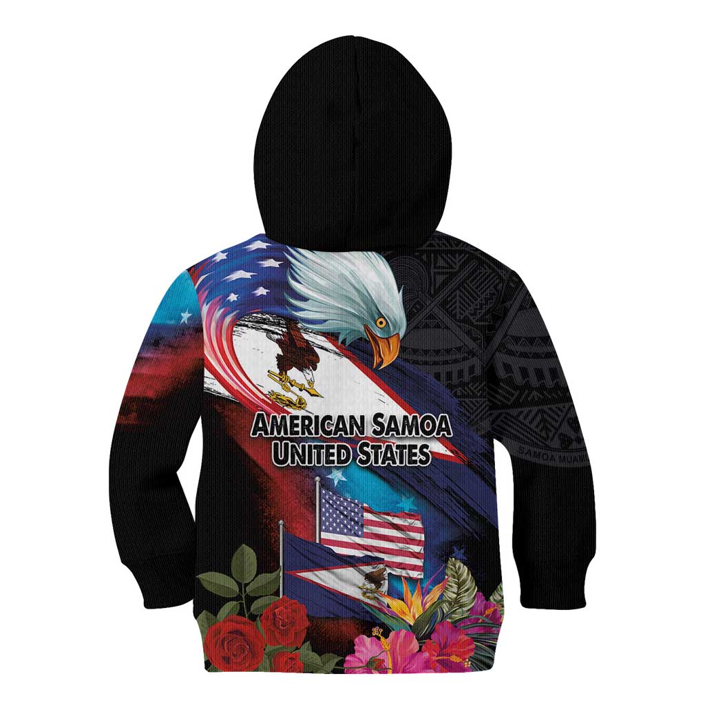 American Samoa and United States Together Kid Hoodie National Flag with Eagle-Hibiscus and Rose