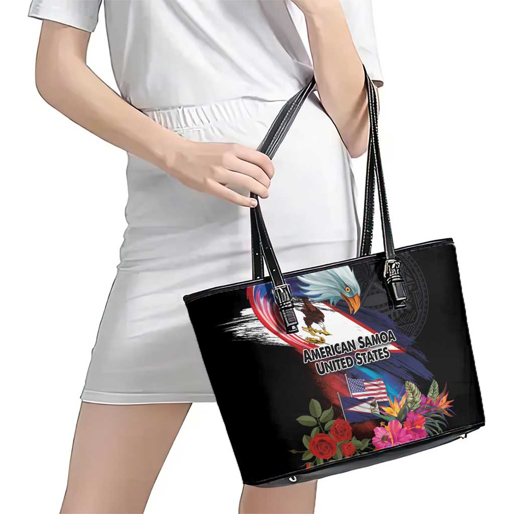 American Samoa and United States Together Leather Tote Bag National Flag with Eagle-Hibiscus and Rose