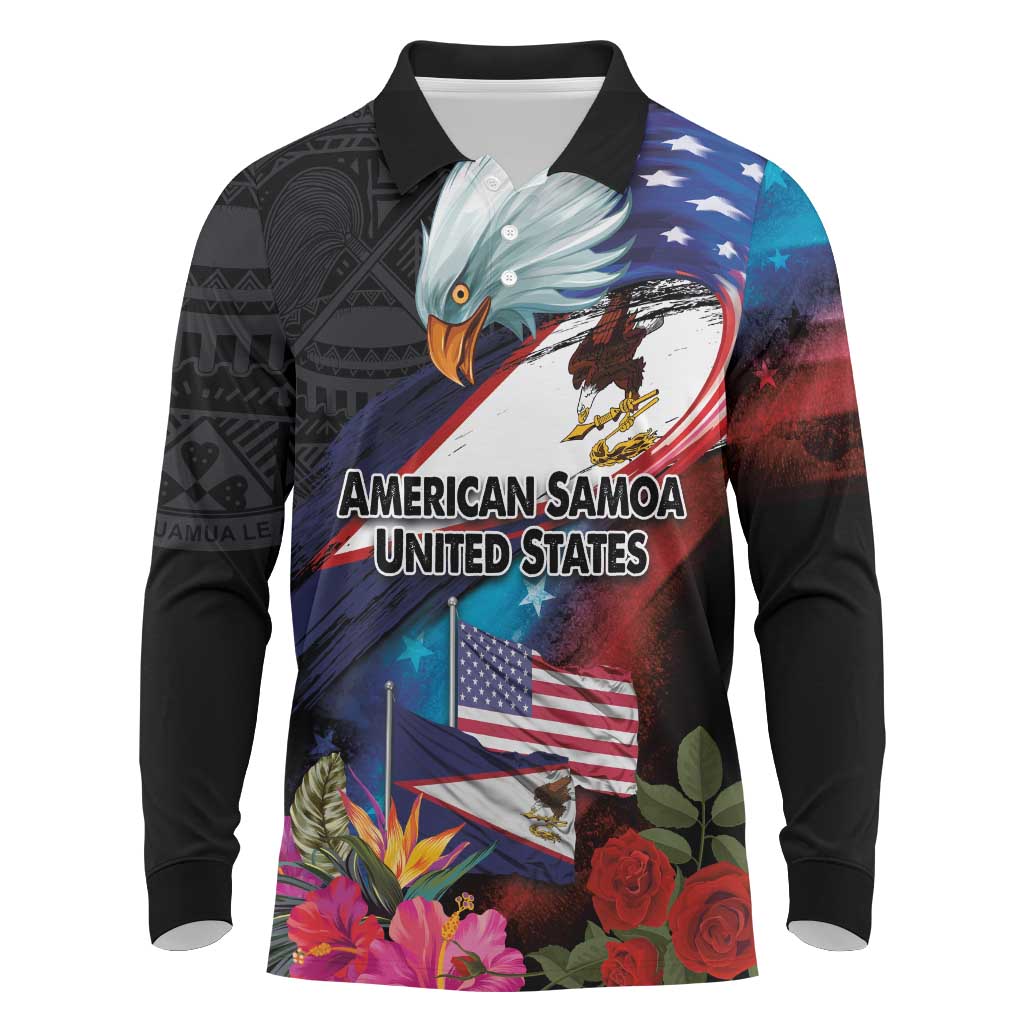 American Samoa and United States Together Long Sleeve Polo Shirt National Flag with Eagle-Hibiscus and Rose