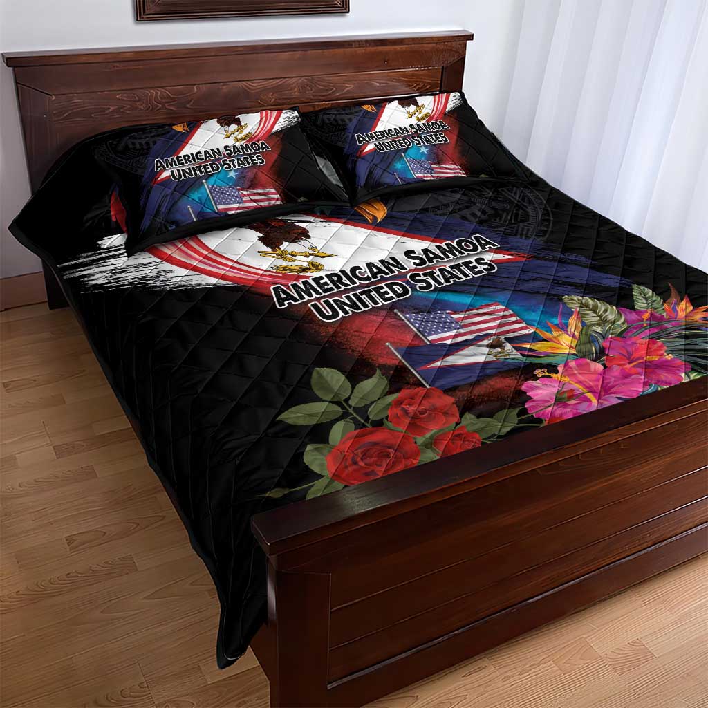 American Samoa and United States Together Quilt Bed Set National Flag with Eagle-Hibiscus and Rose