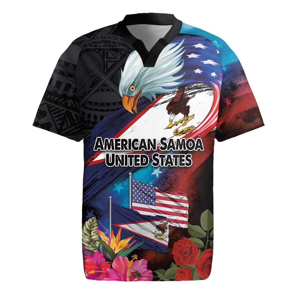 American Samoa and United States Together Rugby Jersey National Flag with Eagle-Hibiscus and Rose