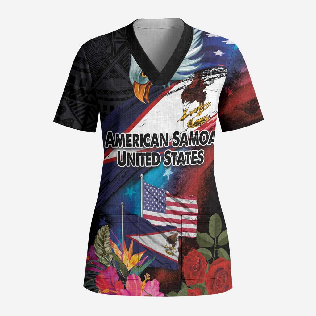 American Samoa and United States Together Scrub Top National Flag with Eagle-Hibiscus and Rose - Polynesian Pride