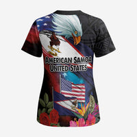 American Samoa and United States Together Scrub Top National Flag with Eagle-Hibiscus and Rose - Polynesian Pride