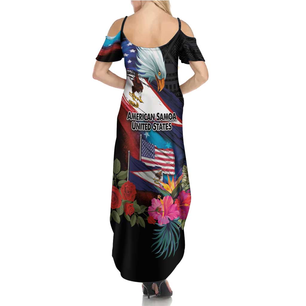 American Samoa and United States Together Summer Maxi Dress National Flag with Eagle-Hibiscus and Rose