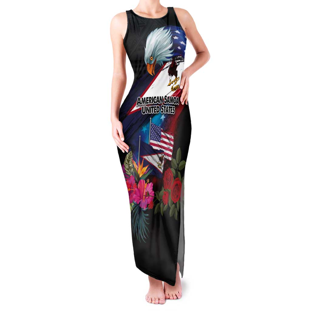 American Samoa and United States Together Tank Maxi Dress National Flag with Eagle-Hibiscus and Rose