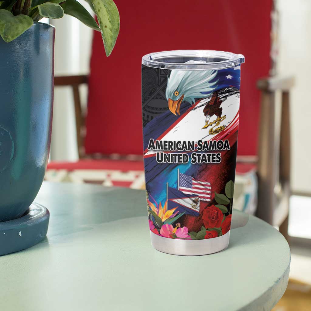 American Samoa and United States Together Tumbler Cup National Flag with Eagle-Hibiscus and Rose