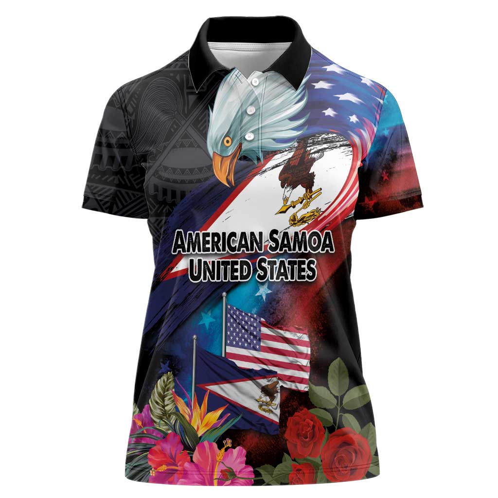 American Samoa and United States Together Women Polo Shirt National Flag with Eagle-Hibiscus and Rose LT03 Female Black - Polynesian Pride