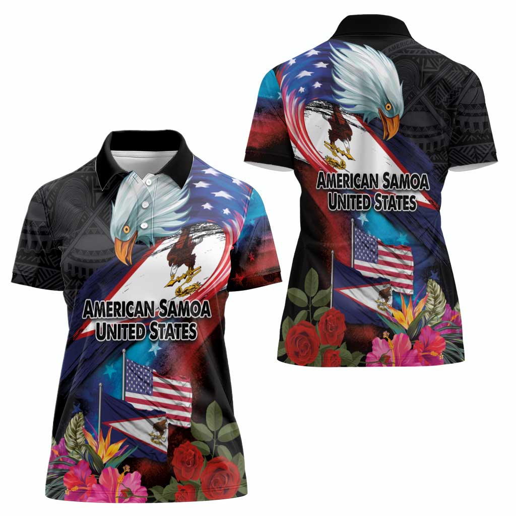 American Samoa and United States Together Women Polo Shirt National Flag with Eagle-Hibiscus and Rose LT03 - Polynesian Pride