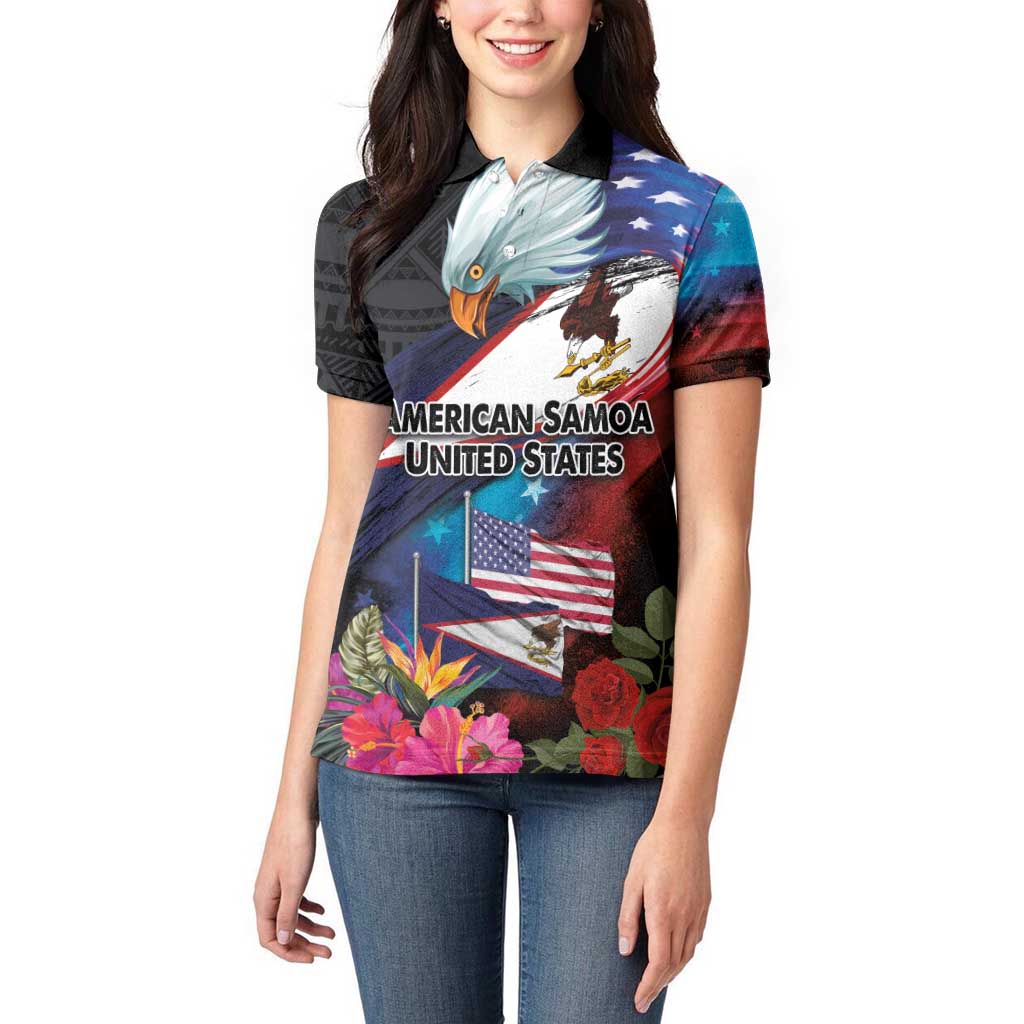 American Samoa and United States Together Women Polo Shirt National Flag with Eagle-Hibiscus and Rose LT03 - Polynesian Pride