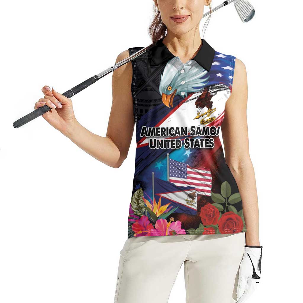 American Samoa and United States Together Women Sleeveless Polo Shirt National Flag with Eagle-Hibiscus and Rose LT03 - Polynesian Pride