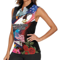 American Samoa and United States Together Women Sleeveless Polo Shirt National Flag with Eagle-Hibiscus and Rose LT03 - Polynesian Pride