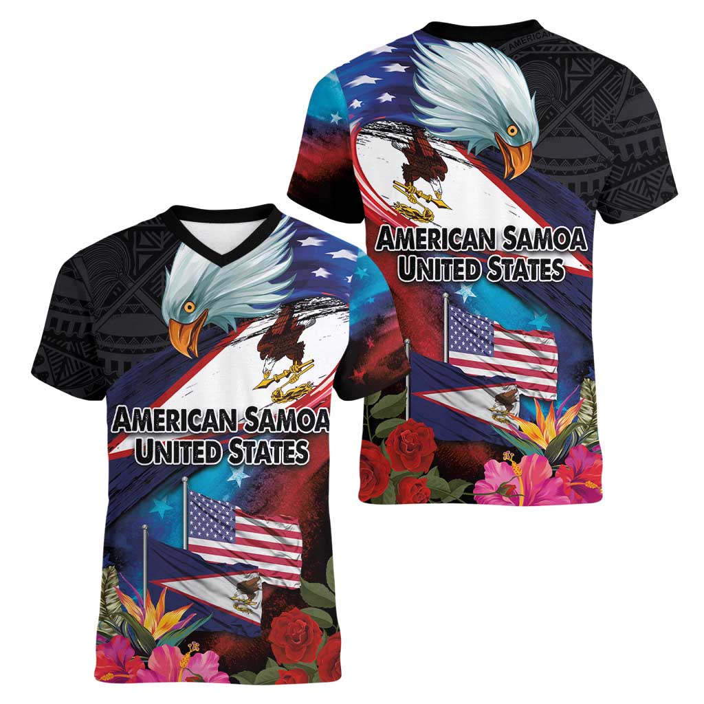 American Samoa and United States Together Women V-Neck T-Shirt National Flag with Eagle-Hibiscus and Rose