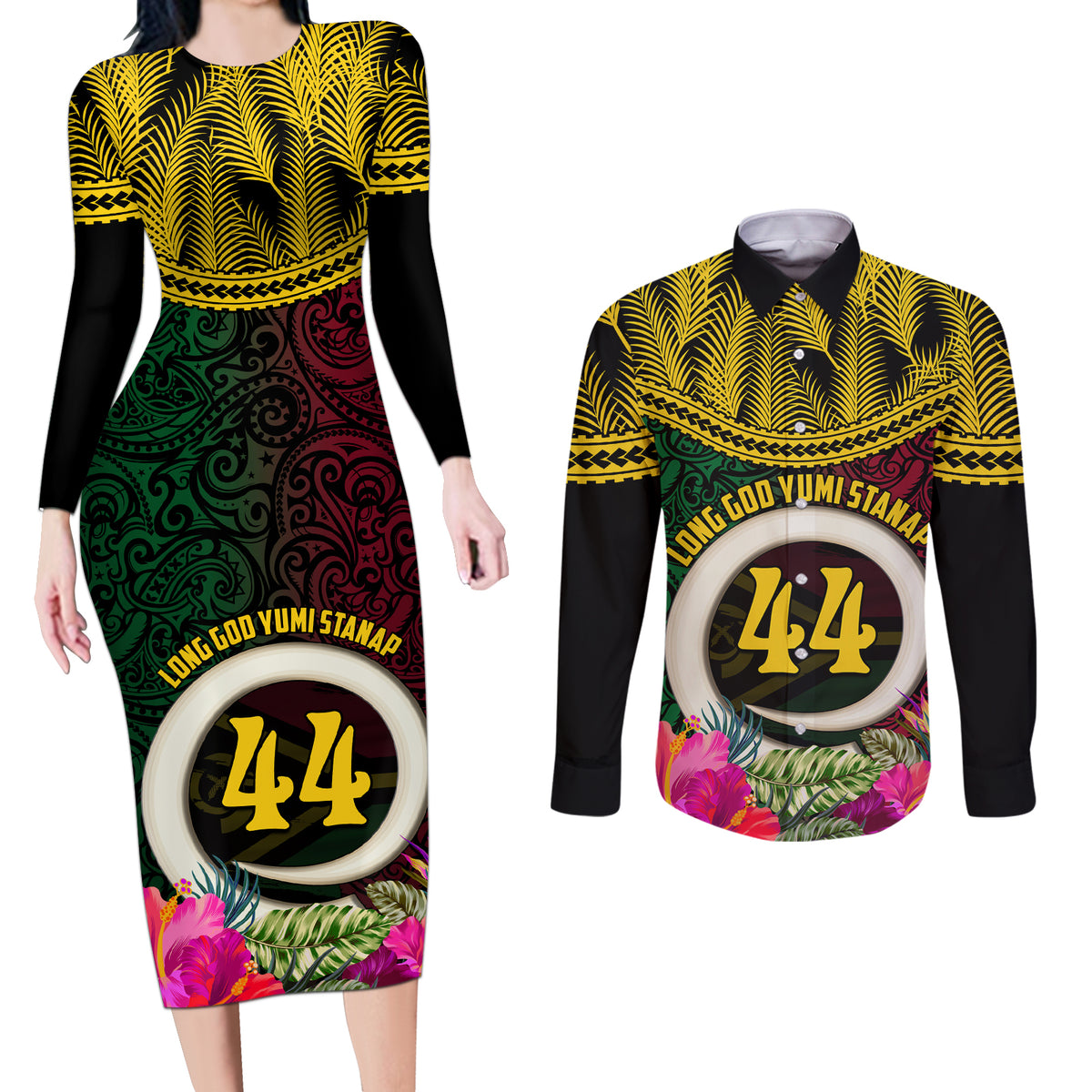 Vanuatu 44th Anniversary Independence Day Couples Matching Long Sleeve Bodycon Dress and Long Sleeve Button Shirt Boars Tusk and Namele Plant LT03 Black - Polynesian Pride