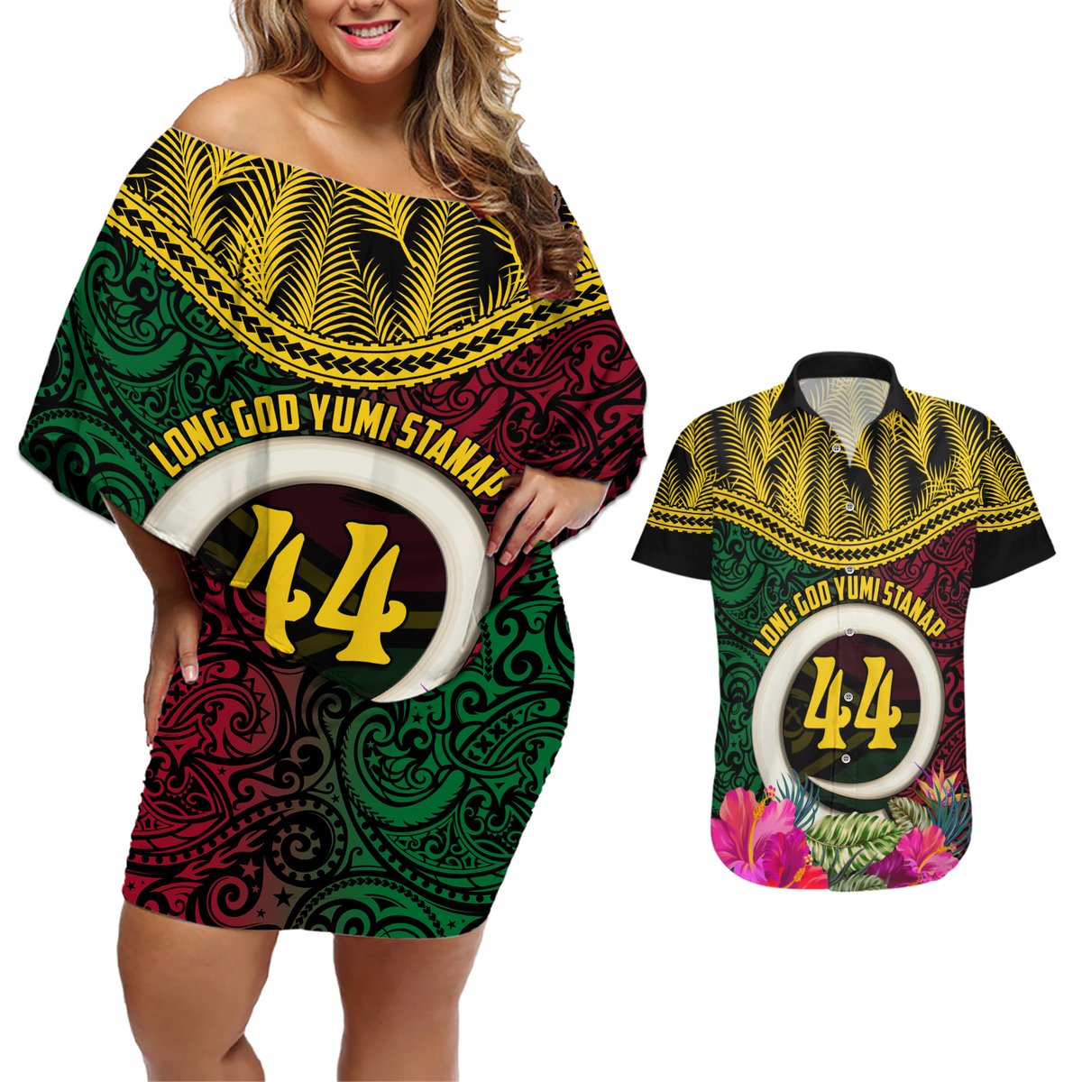 Vanuatu 44th Anniversary Independence Day Couples Matching Off Shoulder Short Dress and Hawaiian Shirt Boars Tusk and Namele Plant LT03 Black - Polynesian Pride