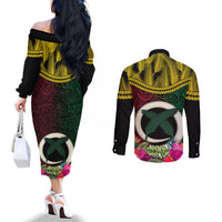Vanuatu 44th Anniversary Independence Day Couples Matching Off The Shoulder Long Sleeve Dress and Long Sleeve Button Shirt Boars Tusk and Namele Plant LT03 - Polynesian Pride