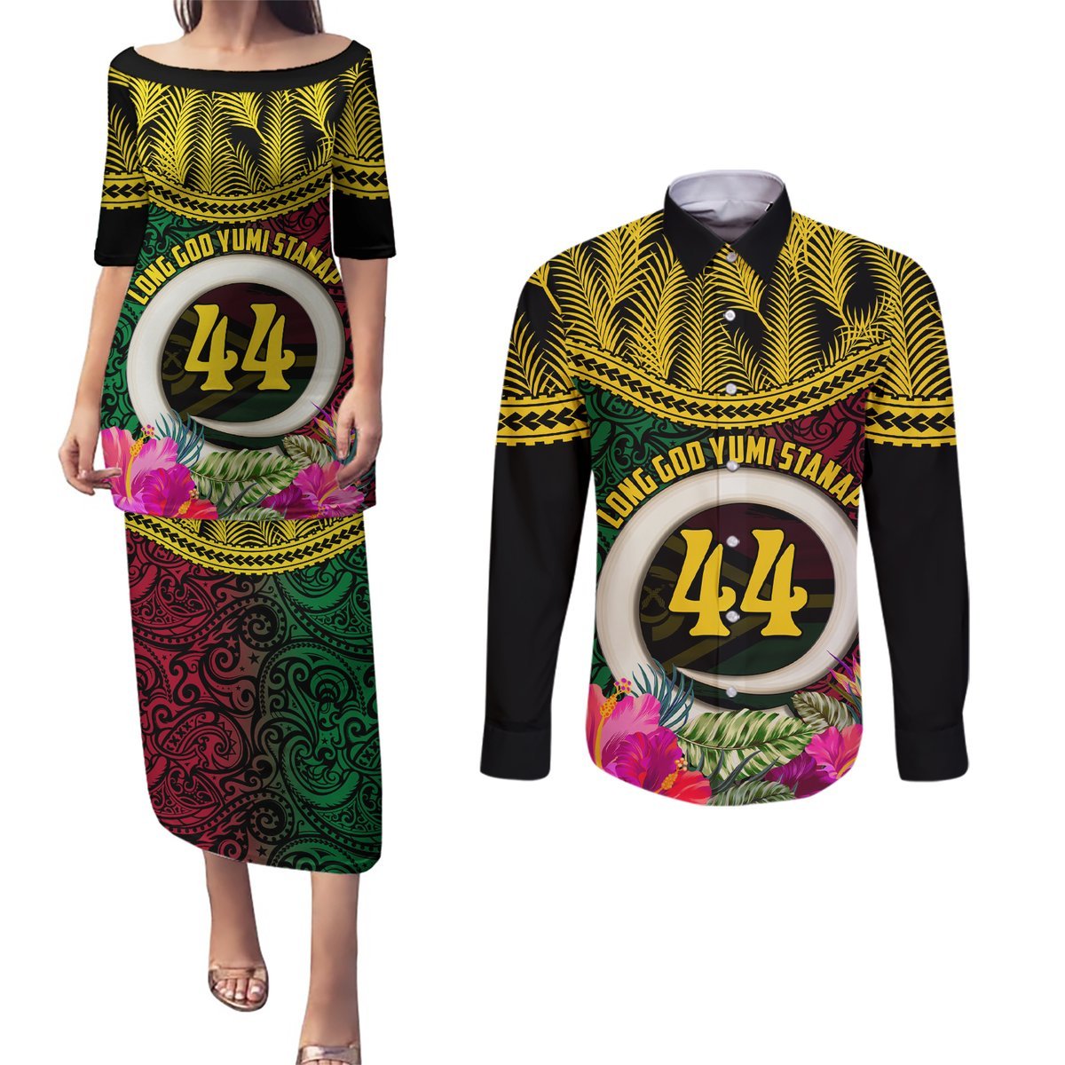 Vanuatu 44th Anniversary Independence Day Couples Matching Puletasi and Long Sleeve Button Shirt Boars Tusk and Namele Plant LT03 Black - Polynesian Pride