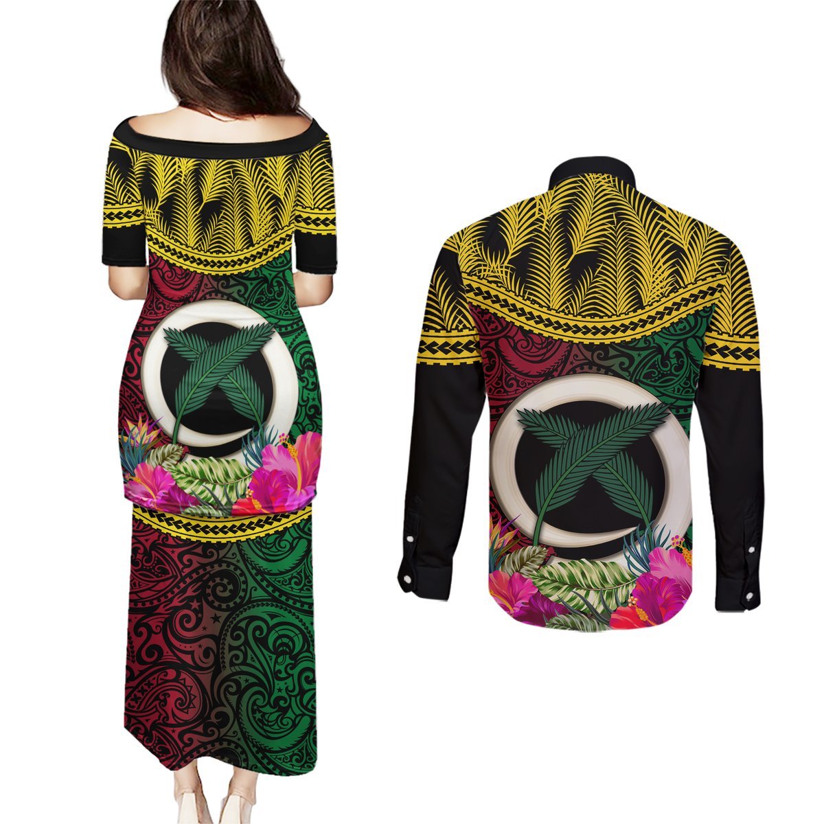 Vanuatu 44th Anniversary Independence Day Couples Matching Puletasi and Long Sleeve Button Shirt Boars Tusk and Namele Plant LT03 - Polynesian Pride