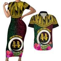 Vanuatu 44th Anniversary Independence Day Couples Matching Short Sleeve Bodycon Dress and Hawaiian Shirt Boars Tusk and Namele Plant LT03 Black - Polynesian Pride