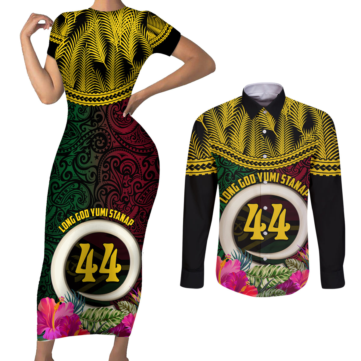 Vanuatu 44th Anniversary Independence Day Couples Matching Short Sleeve Bodycon Dress and Long Sleeve Button Shirt Boars Tusk and Namele Plant LT03 Black - Polynesian Pride