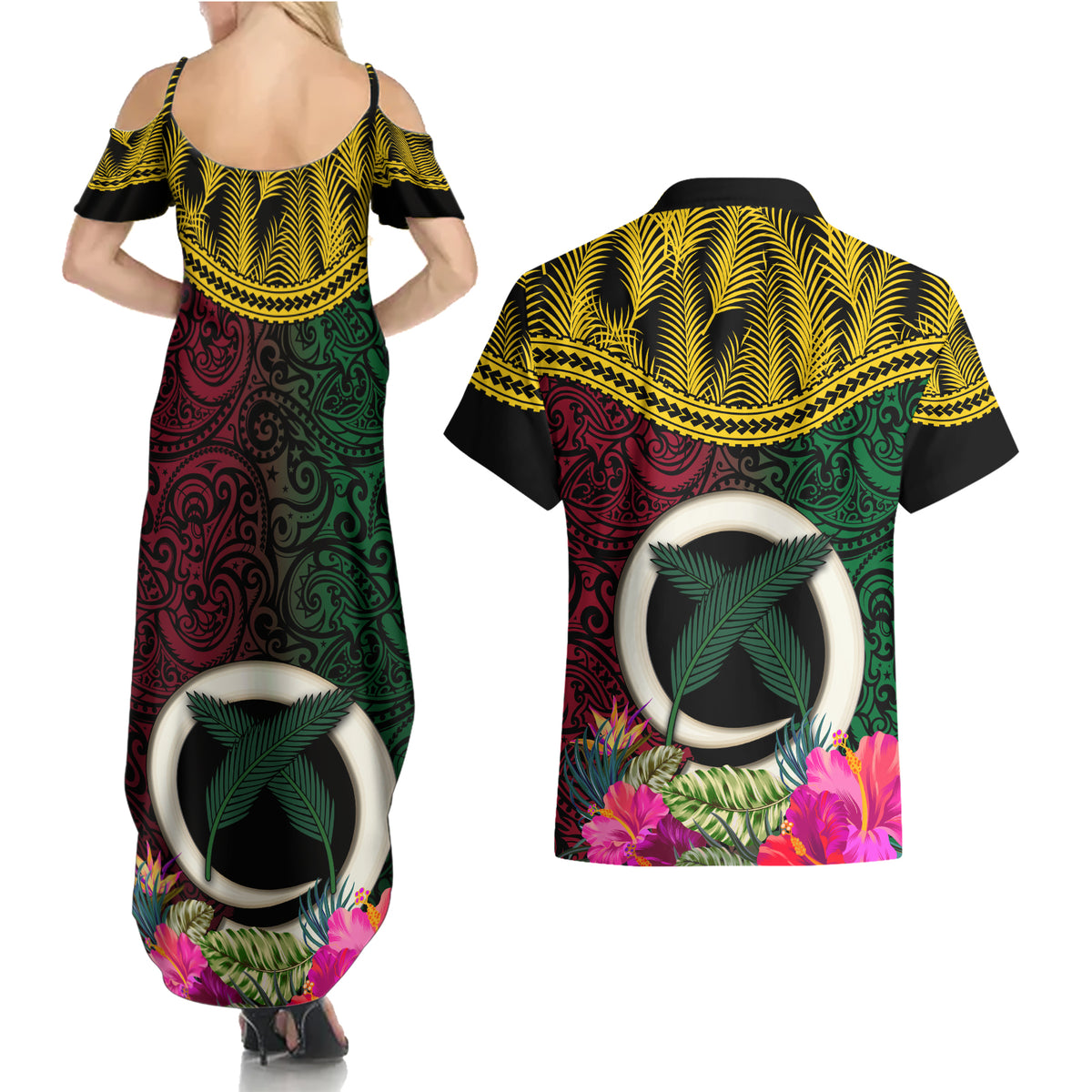 Vanuatu 44th Anniversary Independence Day Couples Matching Summer Maxi Dress and Hawaiian Shirt Boars Tusk and Namele Plant LT03