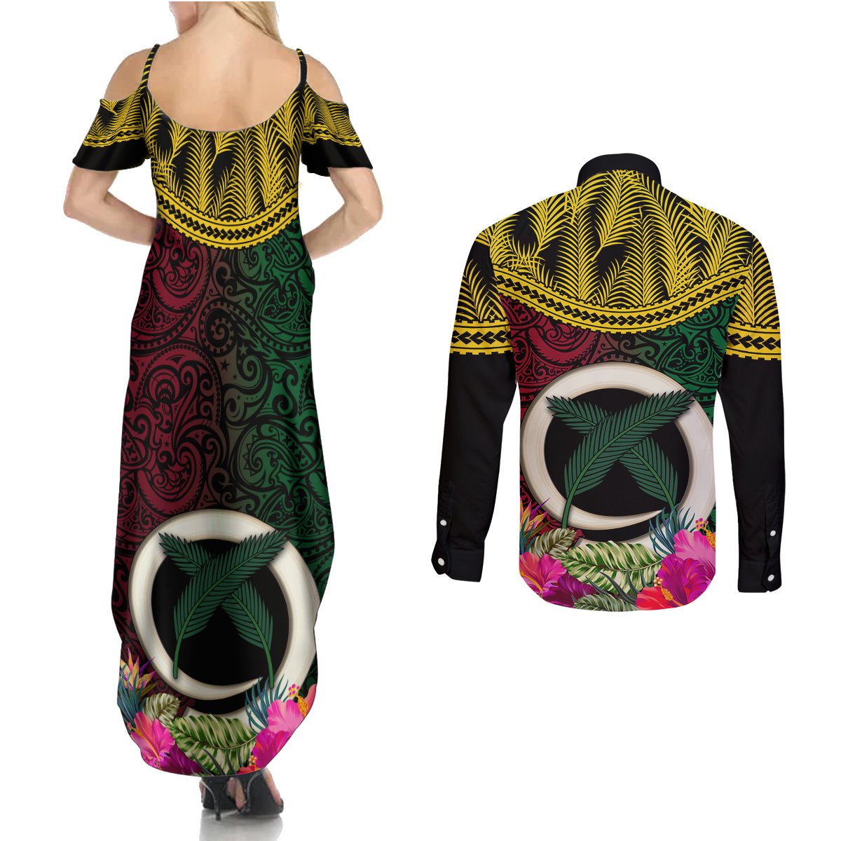 Vanuatu 44th Anniversary Independence Day Couples Matching Summer Maxi Dress and Long Sleeve Button Shirt Boars Tusk and Namele Plant LT03