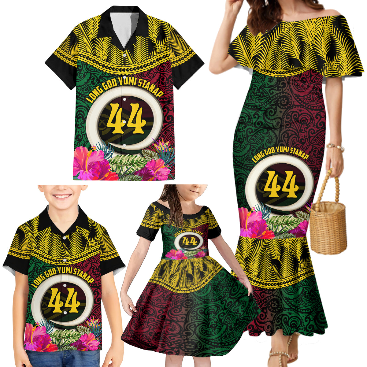 Vanuatu 44th Anniversary Independence Day Family Matching Mermaid Dress and Hawaiian Shirt Boars Tusk and Namele Plant LT03 - Polynesian Pride