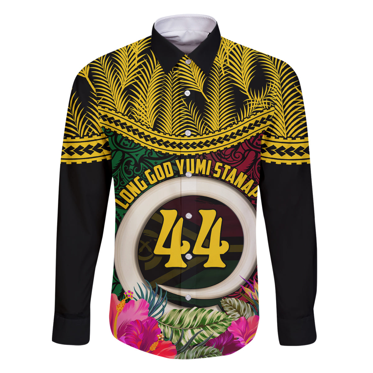 Vanuatu 44th Anniversary Independence Day Family Matching Mermaid Dress and Hawaiian Shirt Boars Tusk and Namele Plant LT03 Dad's Shirt - Long Sleeve Black - Polynesian Pride