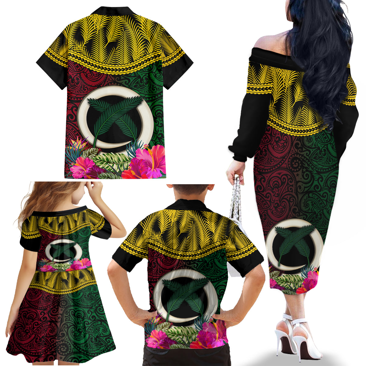 Vanuatu 44th Anniversary Independence Day Family Matching Off The Shoulder Long Sleeve Dress and Hawaiian Shirt Boars Tusk and Namele Plant LT03