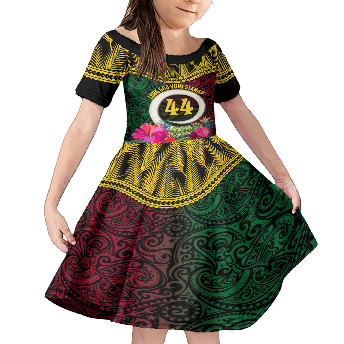 Vanuatu 44th Anniversary Independence Day Family Matching Off Shoulder Short Dress and Hawaiian Shirt Boars Tusk and Namele Plant LT03 Daughter's Dress Black - Polynesian Pride